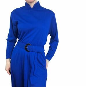 Vintage blue mock neck midi dress long sleeve cobalt belted